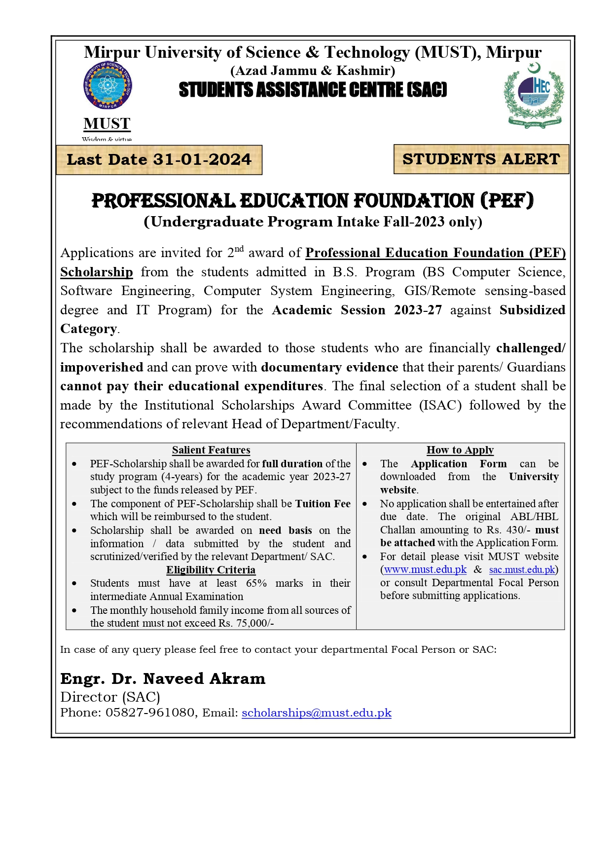 Professional Education Foundation (PEF) Scholarship 2024 MUST