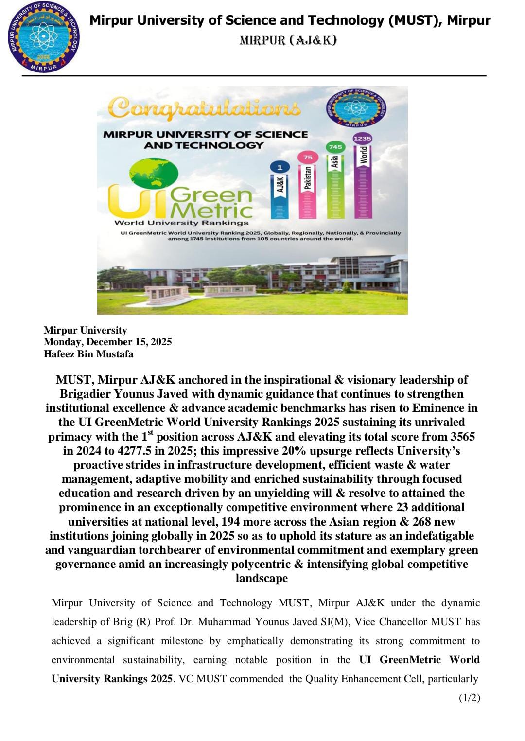 MUST rises to Green primacy in AJ&K in UI GreenMetric 2025 with remarkable 20% sustainability leap